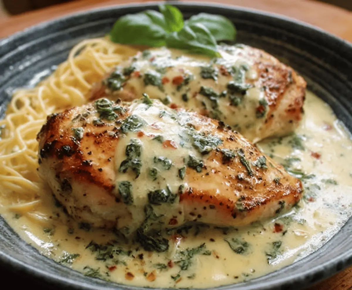 Creamy chicken in basil sauce served with fresh herbs and a side of vegetables on a white plate.