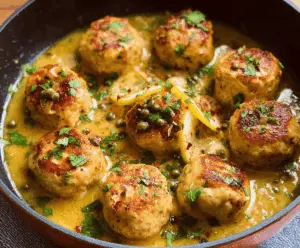 Delicious Chicken Piccata Meatballs topped with lemon slices and fresh herbs, served on a plate with pasta and a tangy lemon caper sauce.