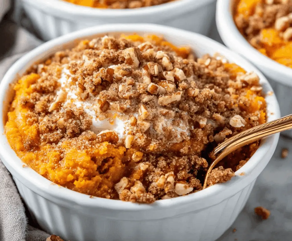Delicious Copycat Ruth’s Chris Sweet Potato Casserole with marshmallows and pecans served on a festive holiday table
