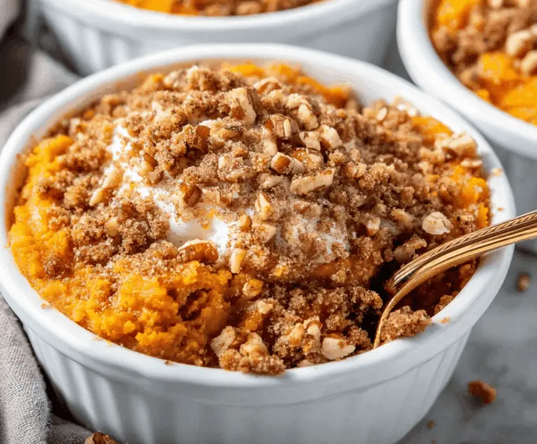 Delicious Copycat Ruth’s Chris Sweet Potato Casserole with marshmallows and pecans served on a festive holiday table