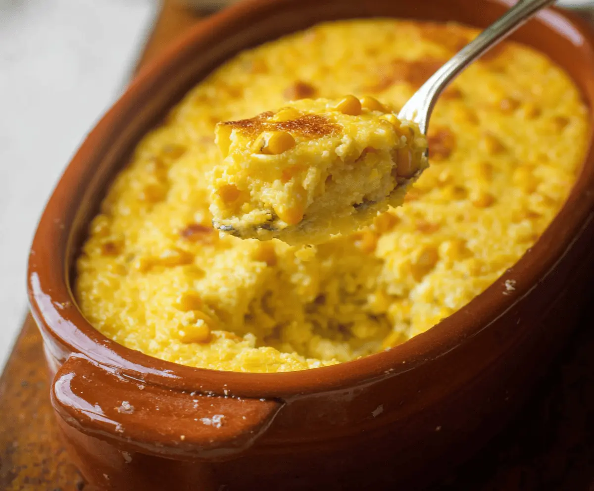 Creamy golden Corn Pudding topped with fresh herbs, served in a baking dish—perfect for a comforting Southern side dish.