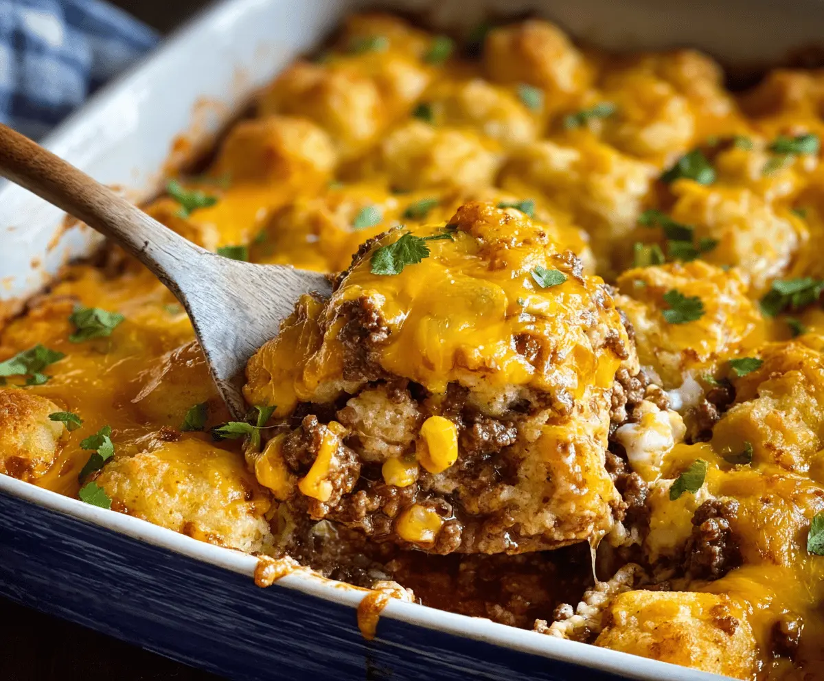 Delicious Cowboy Casserole with ground beef, vegetables, cheese, and crispy toppings served in a baking dish