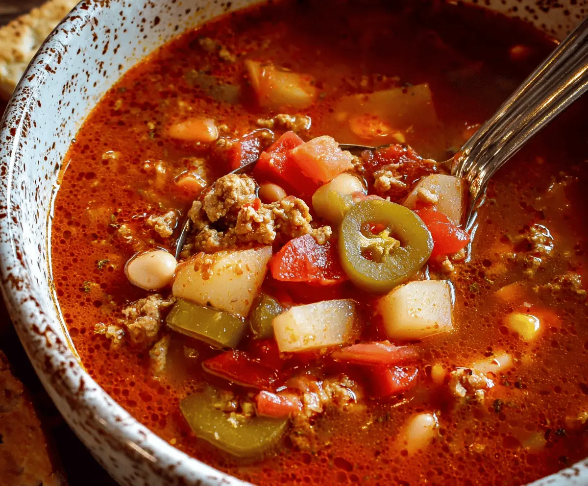 Hearty cowboy soup in a bowl with vegetables, beans, and seasoned meat, served with fresh bread on a rustic wooden table.