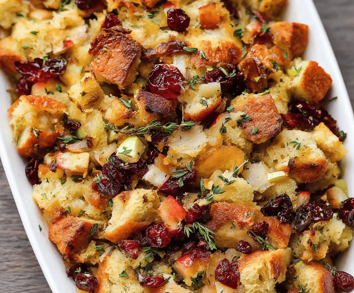 Delicious cranberry apple stuffing with fresh cranberries, diced apples, herbs, and bread cubes ready to serve.