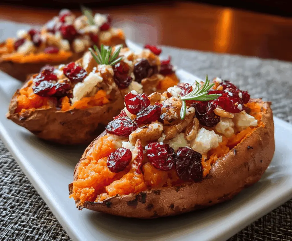 Delicious cranberry and apple topped twice-baked sweet potatoes on a plate for a healthy holiday meal.