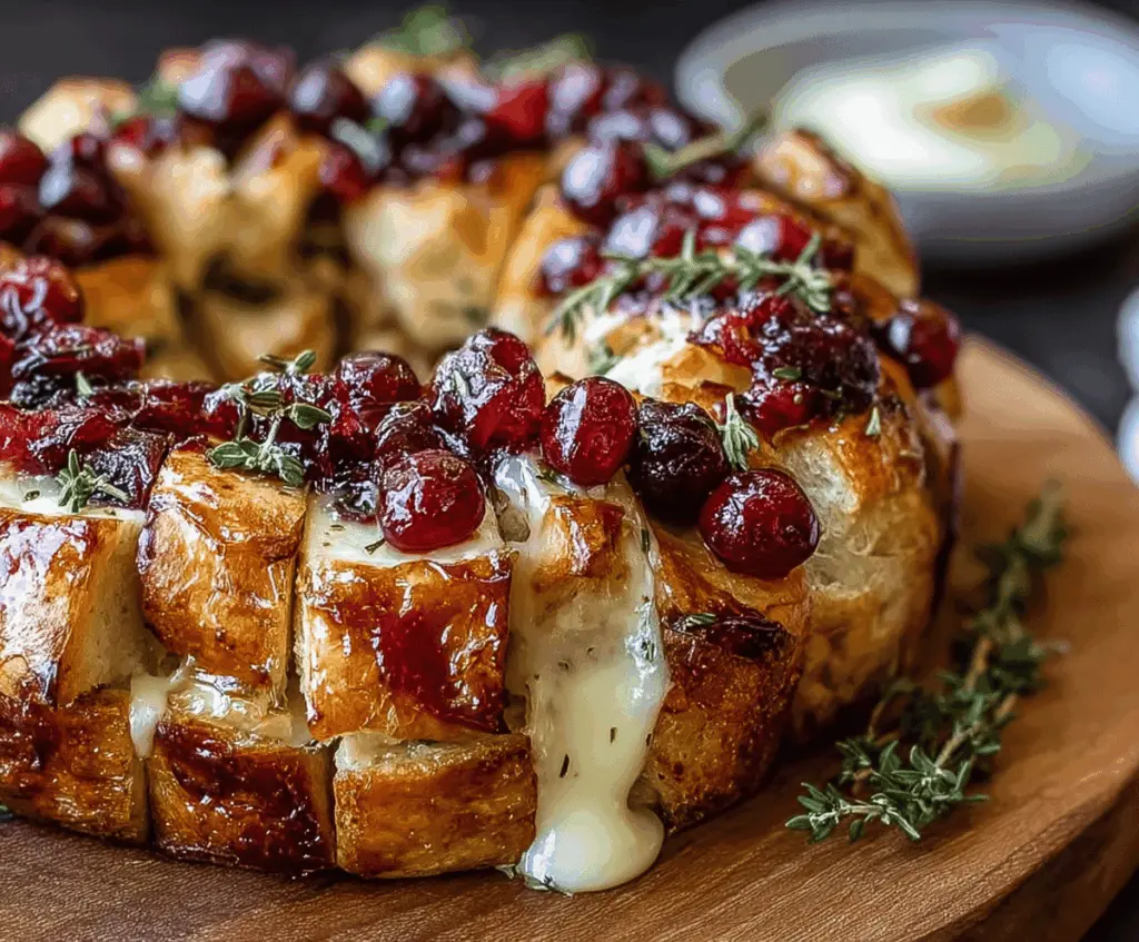 Delicious Cranberry Brie Pull-Apart Bread Bites with fresh cranberries and melted Brie cheese served on a wooden platter.