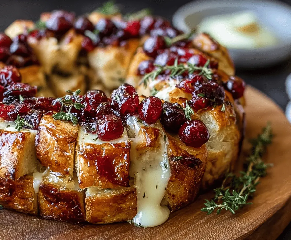 Delicious Cranberry Brie Pull-Apart Bread Bites with fresh cranberries and melted Brie cheese served on a wooden platter.