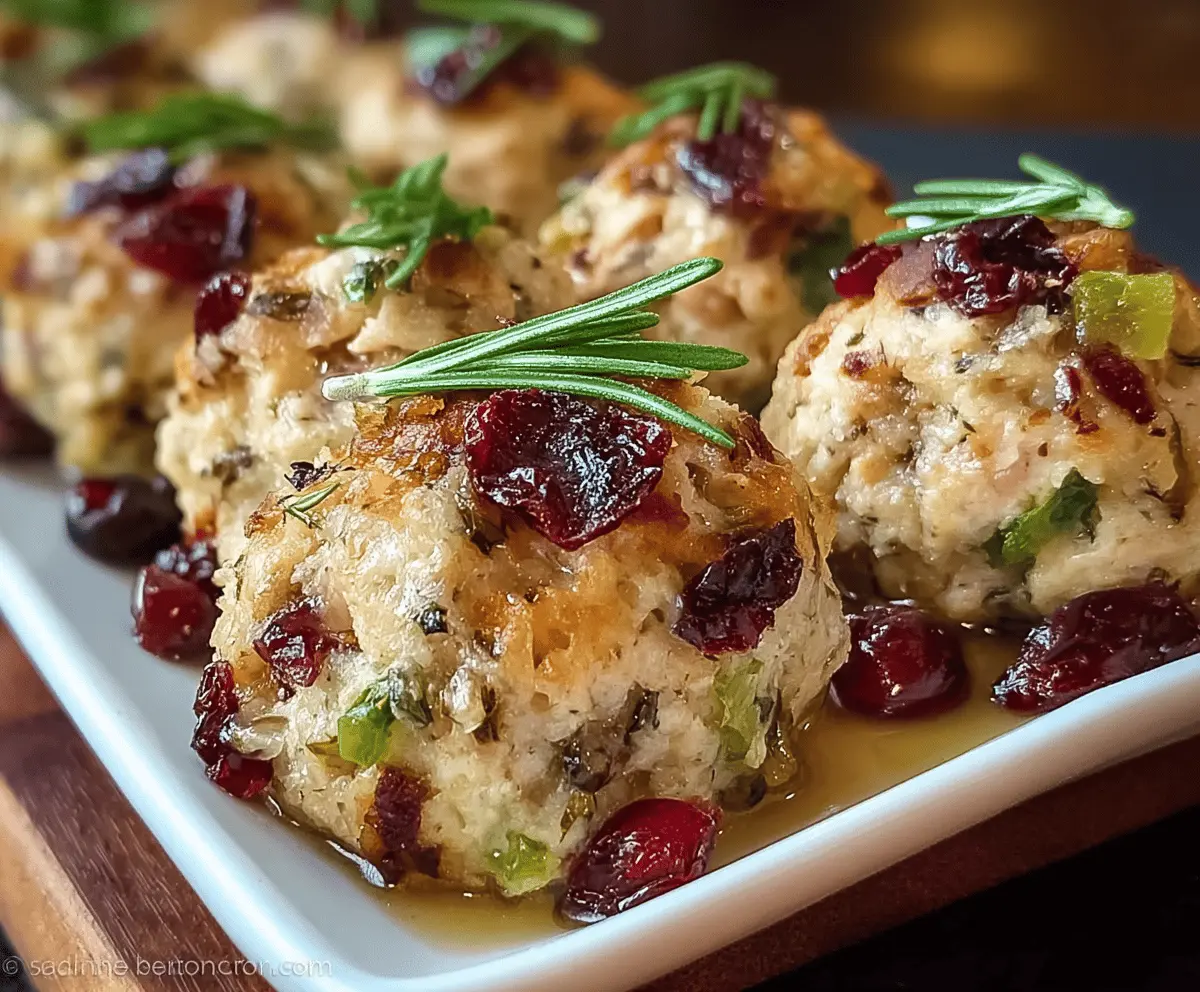 Delicious Cranberry Turkey Stuffing Balls garnished with fresh herbs, served on a white plate perfect for holiday dinners