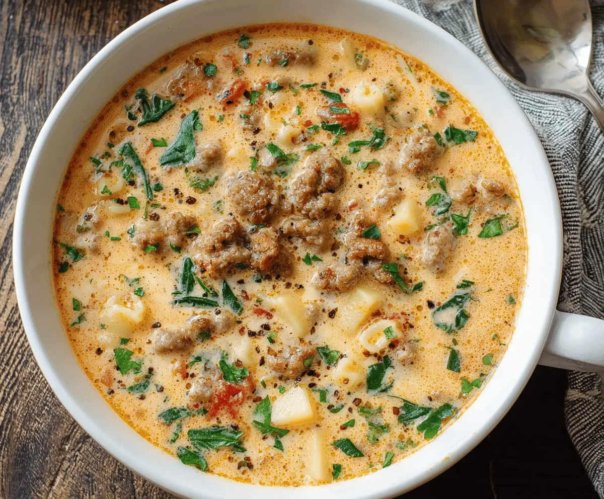 Creamy Parmesan Italian Sausage Soup in a bowl with fresh herbs and grated cheese, featuring sausage, creamy broth, and vegetables for a hearty Italian-inspired meal.
