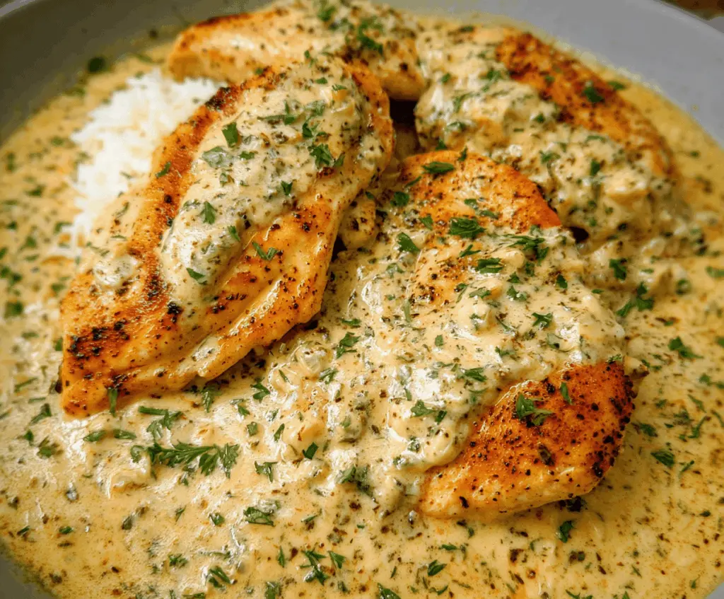 Delicious creamy ranch chicken served on a plate with herbs