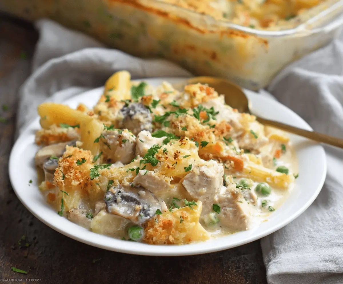 Delicious creamy turkey casserole topped with melted cheese and fresh herbs.