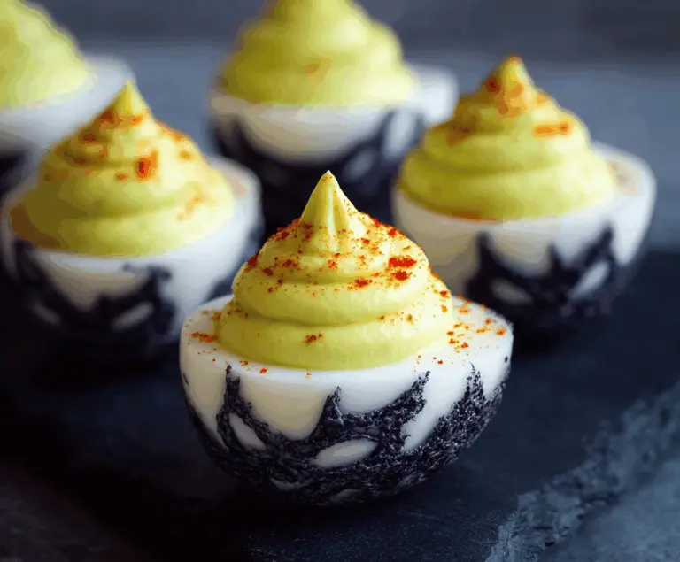 Spooky Creepy Deviled Eggs decorated with edible eyeballs and creepy toppings for Halloween party fun