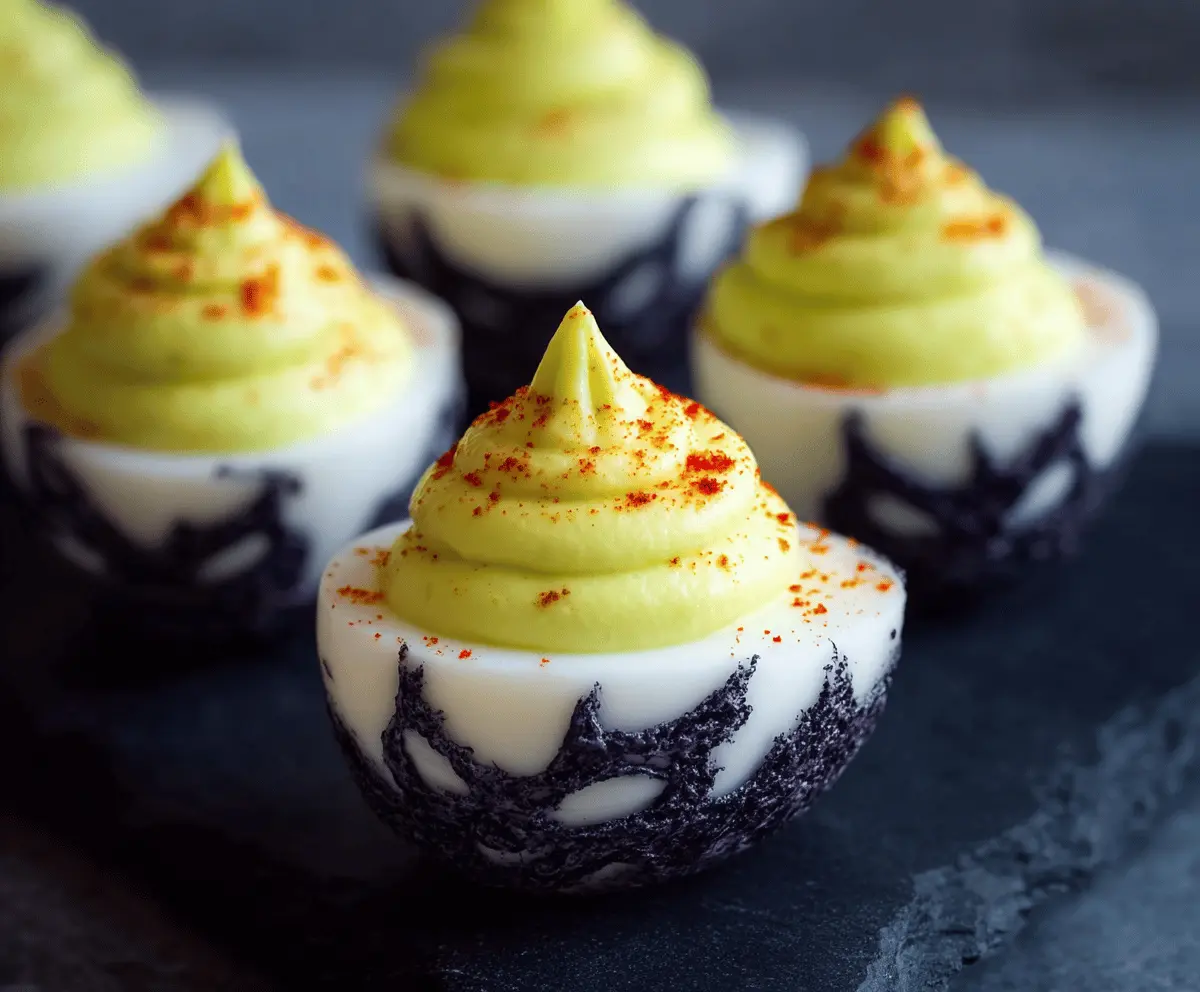 Spooky Creepy Deviled Eggs decorated with edible eyeballs and creepy toppings for Halloween party fun