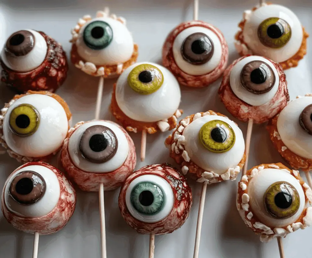 Spooky Creepy Eyeball Bites featuring edible eyeball candies on a plate for Halloween party treats