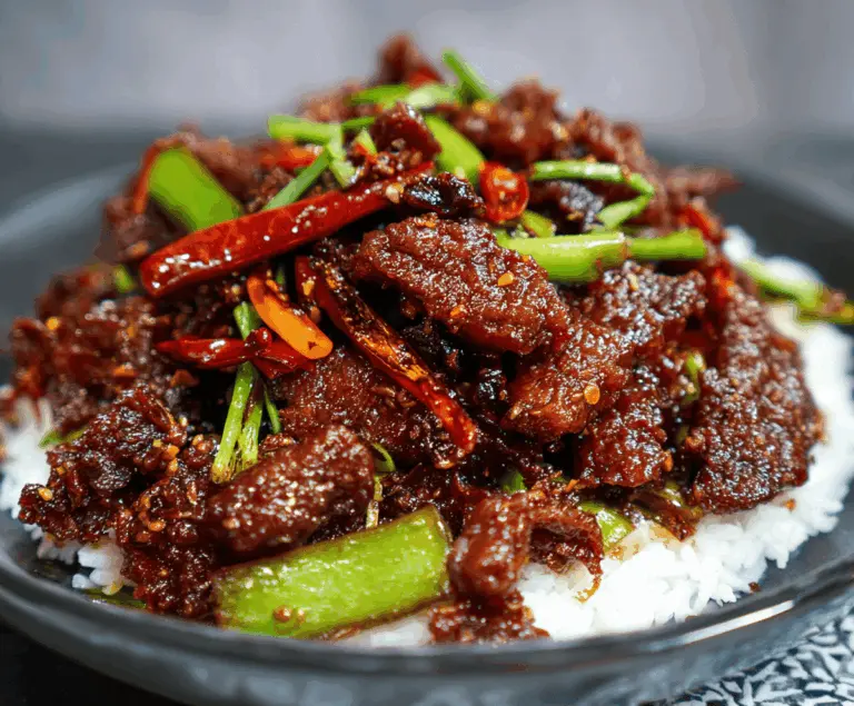 A plate of crispy chilli beef garnished with sliced green onions and red chili peppers, served with steamed vegetables and rice, showcasing a flavorful Asian-inspired dish.