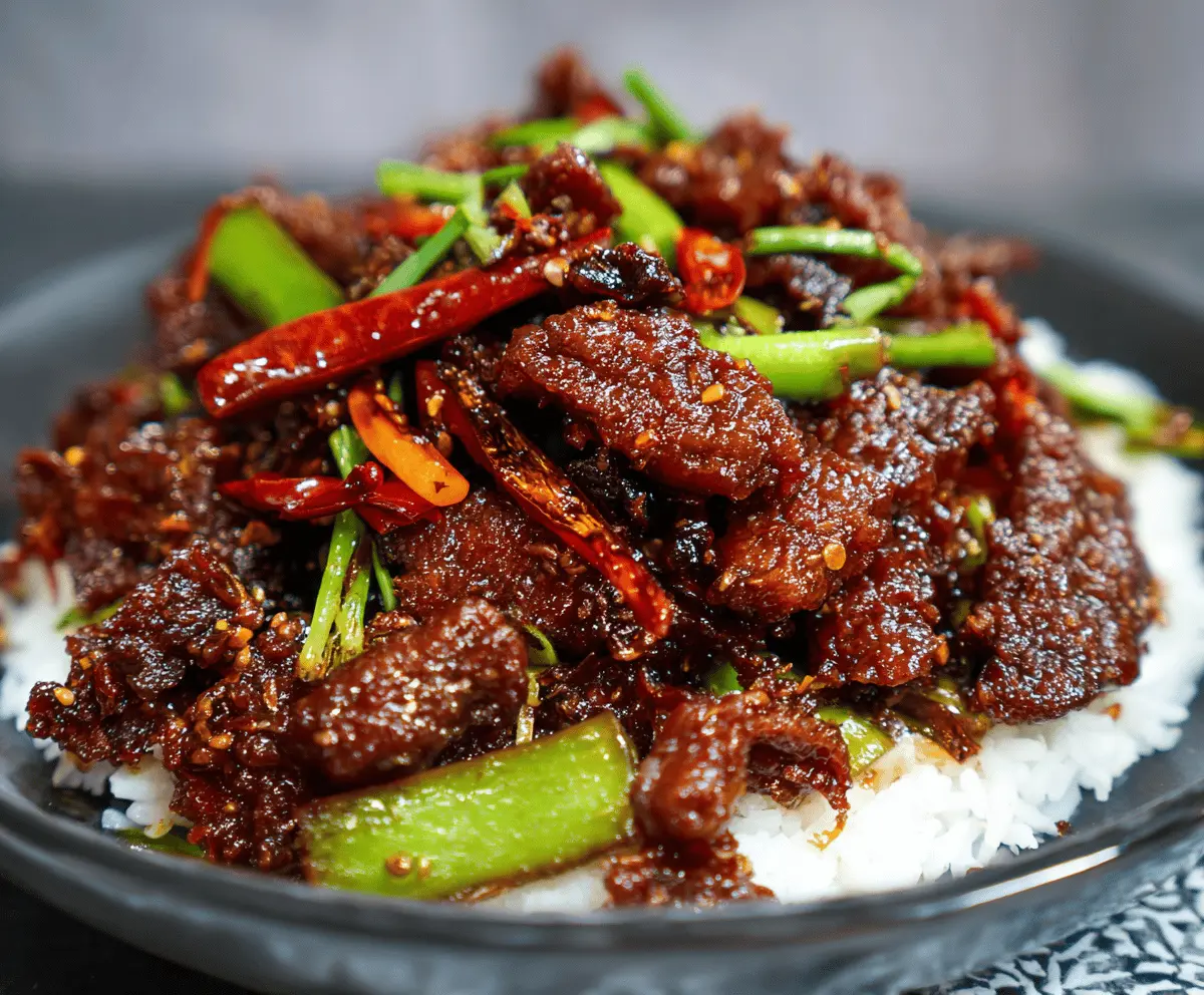 A plate of crispy chilli beef garnished with sliced green onions and red chili peppers, served with steamed vegetables and rice, showcasing a flavorful Asian-inspired dish.