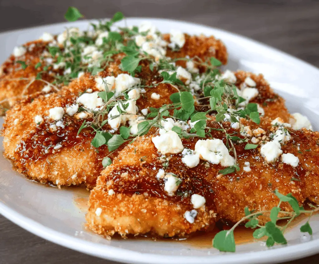 Crispy Hot Honey Feta Chicken served on a plate with garnishes, featuring golden-brown crust and drizzled hot honey glaze for a flavorful meal