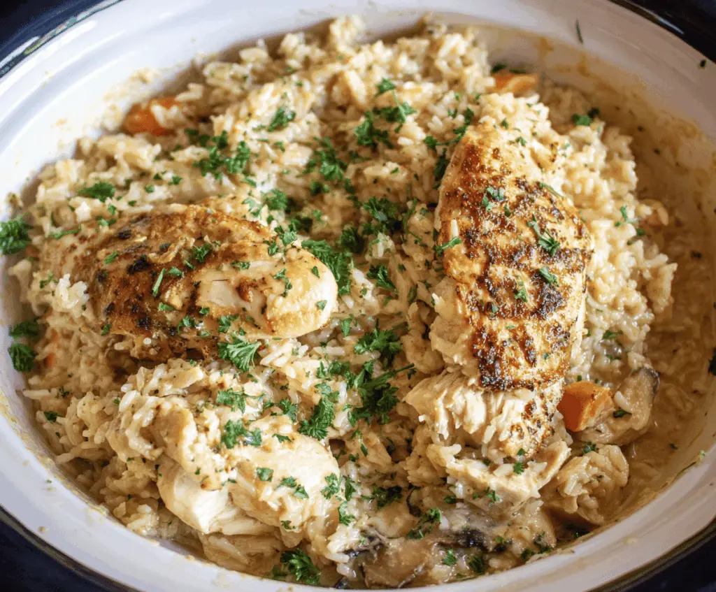 Delicious Crock Pot Chicken and Rice meal served in a bowl with tender chicken, fluffy rice, and fresh herbs, perfect for a comforting dinner