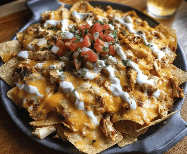 Delicious crockpot creamy chicken nachos topped with melted cheese, fresh cilantro, and jalapeños, served on a plate