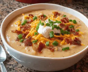 Creamy crockpot loaded baked potato soup topped with shredded cheese, chopped bacon, green onions, and sour cream in a bowl