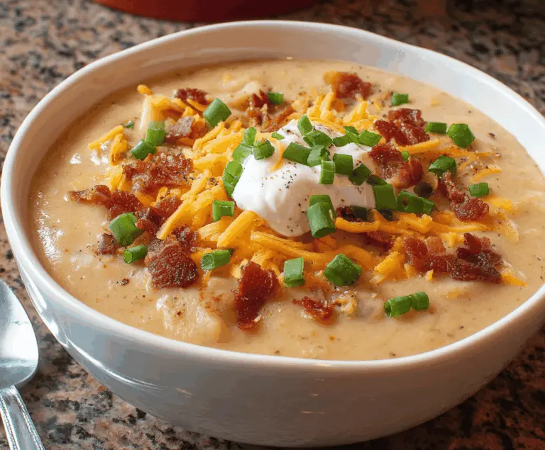 Creamy crockpot loaded baked potato soup topped with shredded cheese, chopped bacon, green onions, and sour cream in a bowl