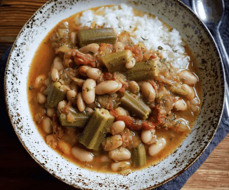 Creamy Crockpot Speckled Butter Beans and Okra Stew in a rustic bowl, featuring tender beans and vibrant okra pieces simmered to perfection.