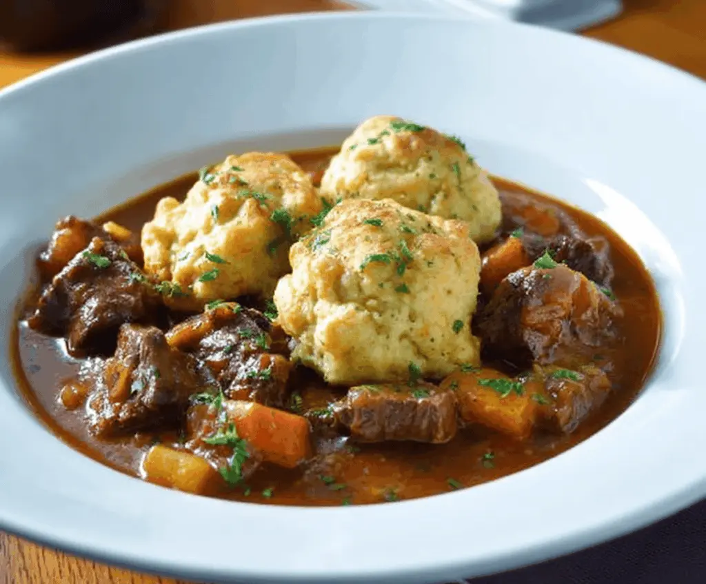 Hearty beef stew with tender beef chunks, vegetables, and fluffy dumplings served in a rustic bowl