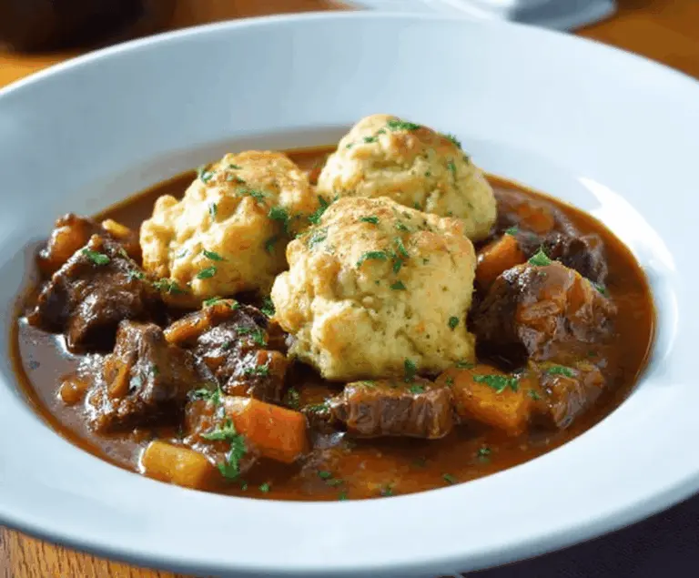 Hearty beef stew with tender beef chunks, vegetables, and fluffy dumplings served in a rustic bowl