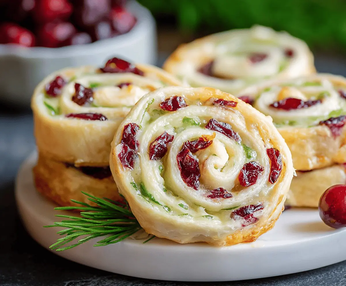 Festive Christmas cranberry pinwheels on a holiday serving platter.