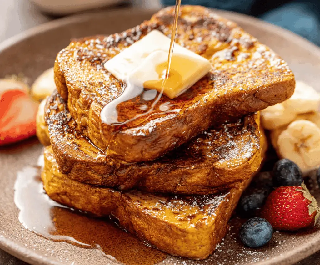 Delicious fall-inspired pumpkin French toast topped with whipped cream and cinnamon for a cozy breakfast