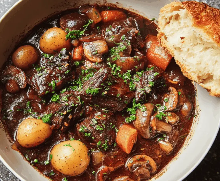A steaming bowl of French Beef Bourguignon garnished with fresh herbs, featuring tender beef chunks, mushrooms, and carrots in a rich red wine sauce.
