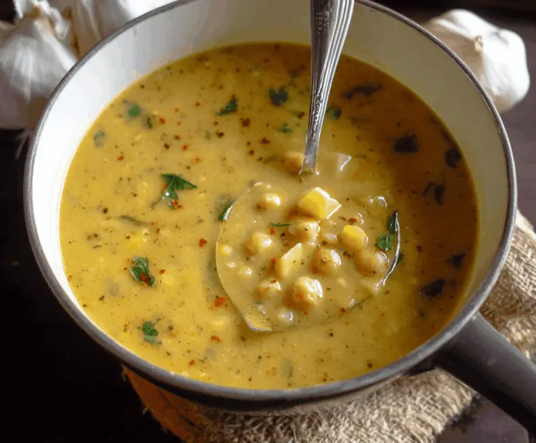 Creamy garlic chickpea soup garnished with fresh herbs and a drizzle of olive oil, served in a bowl with a rustic spoon on a wooden table.