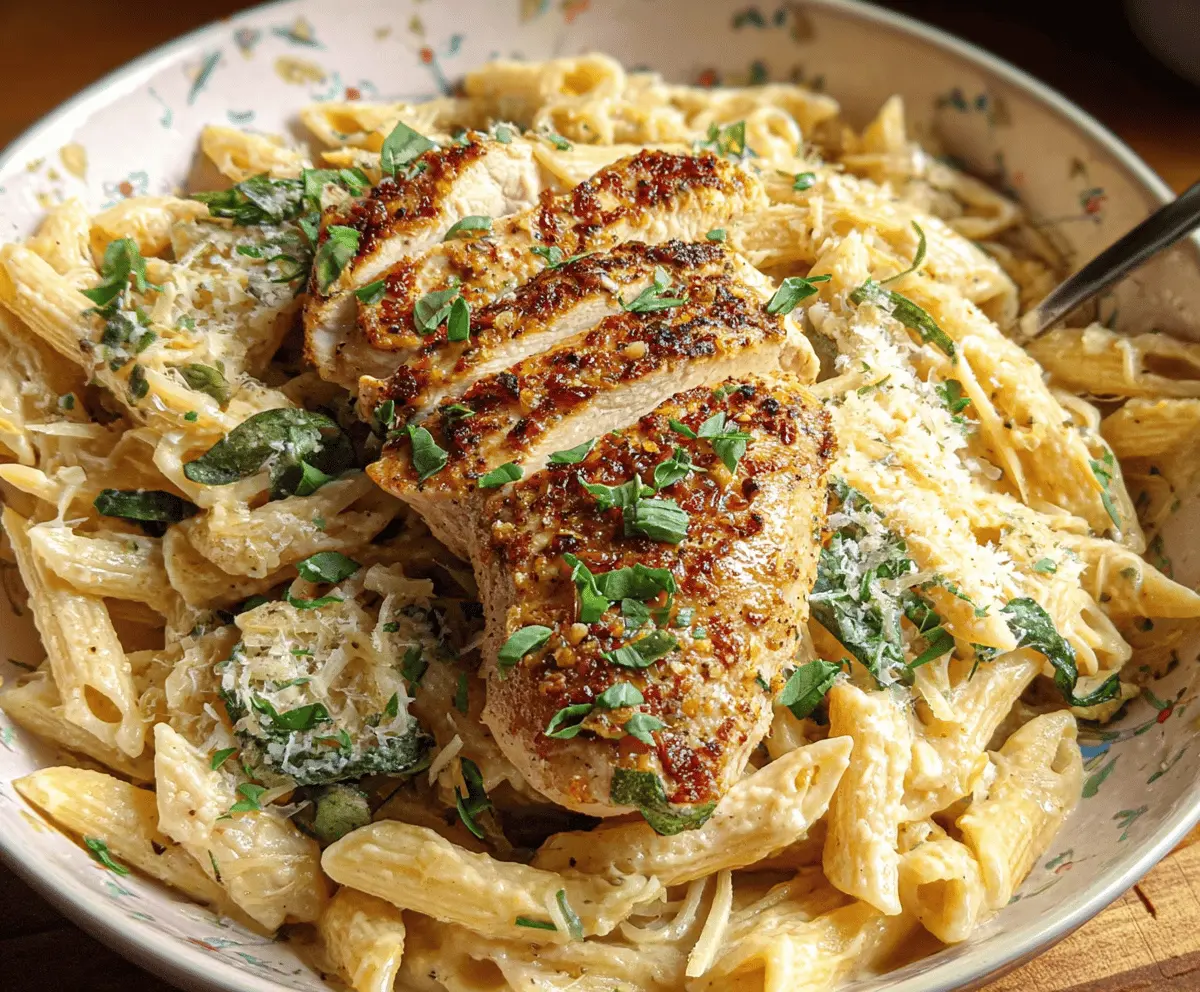 Creamy garlic Parmesan chicken pasta dish with grilled chicken, pasta, and melted cheese, served on a white plate