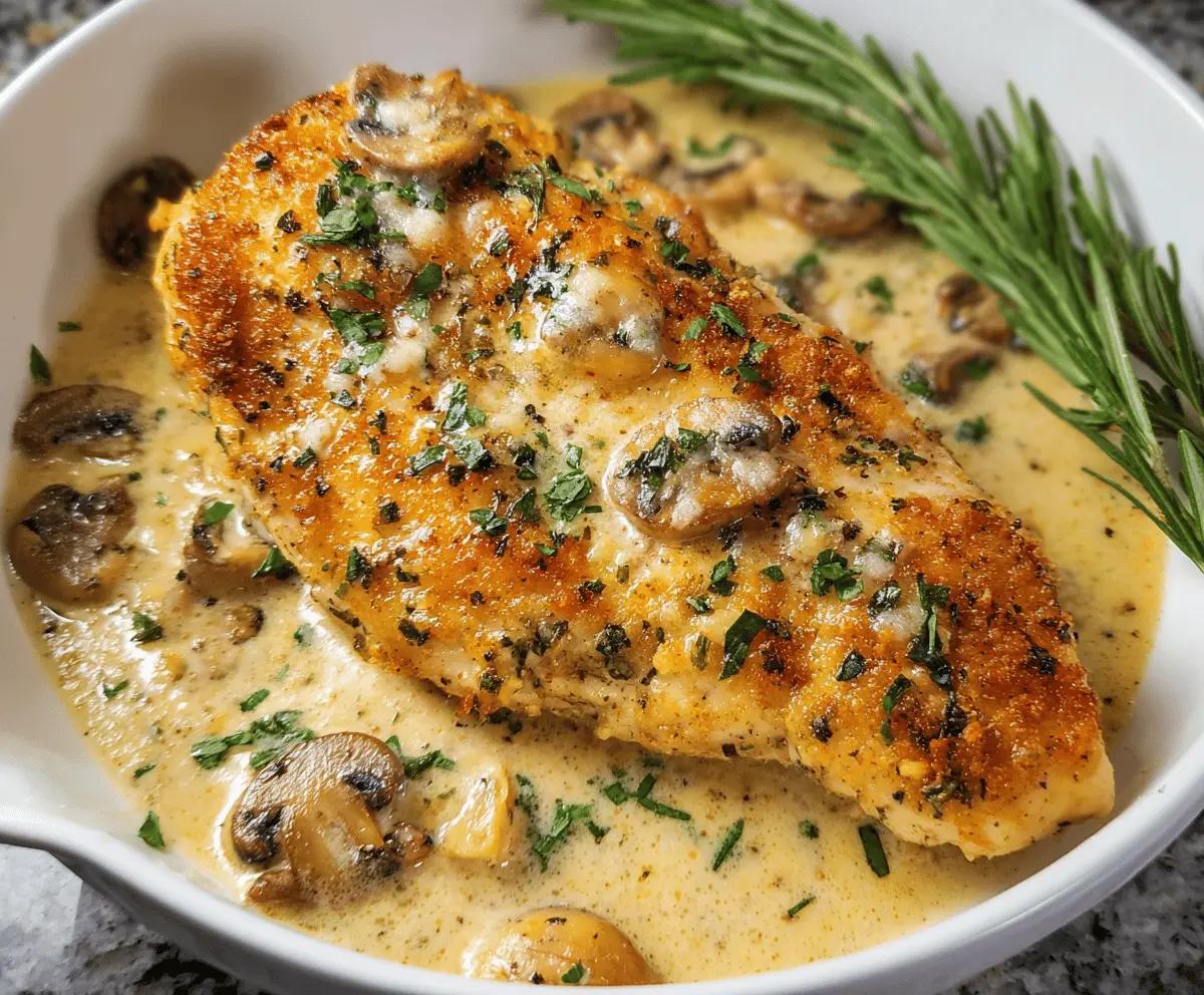 Golden baked garlic Parmesan chicken served with fresh herbs on a white plate, featuring a crispy crust and melted cheese.
