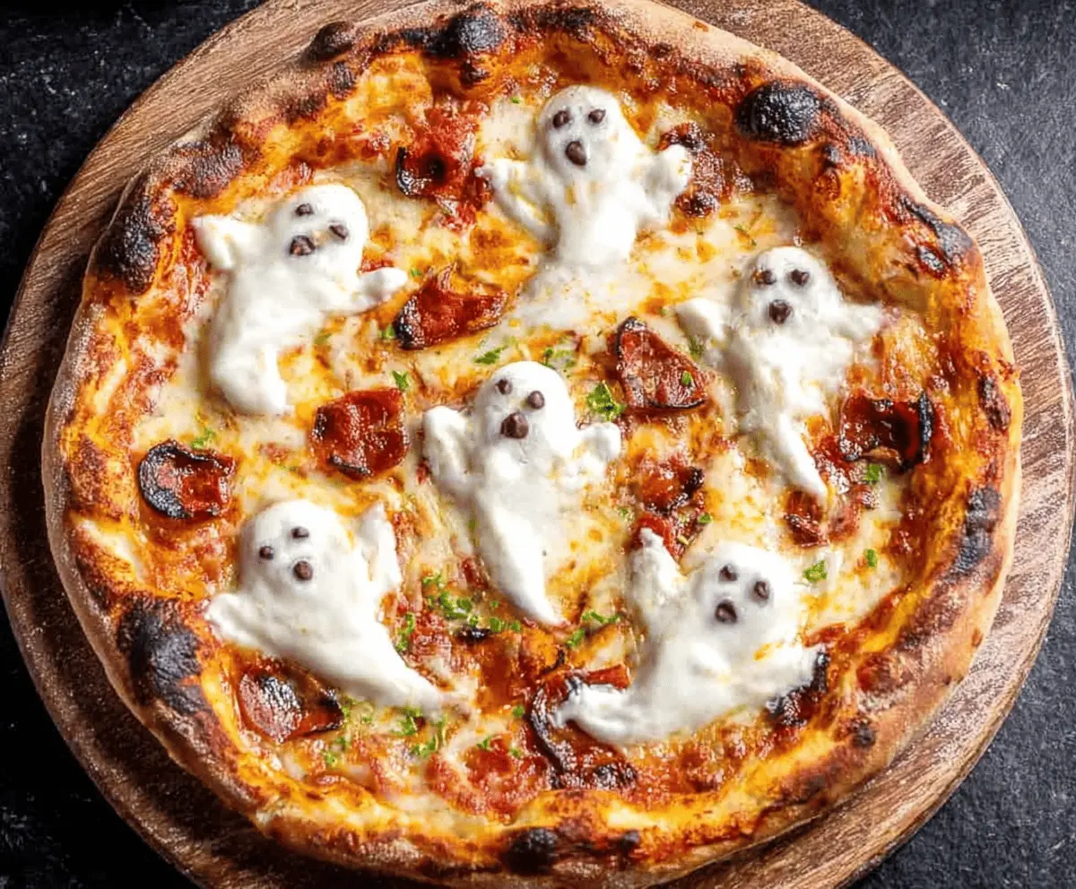 A spooky ghost-shaped pizza topped with melted cheese, black olives for eyes, and a golden crust, perfect for Halloween celebrations.
