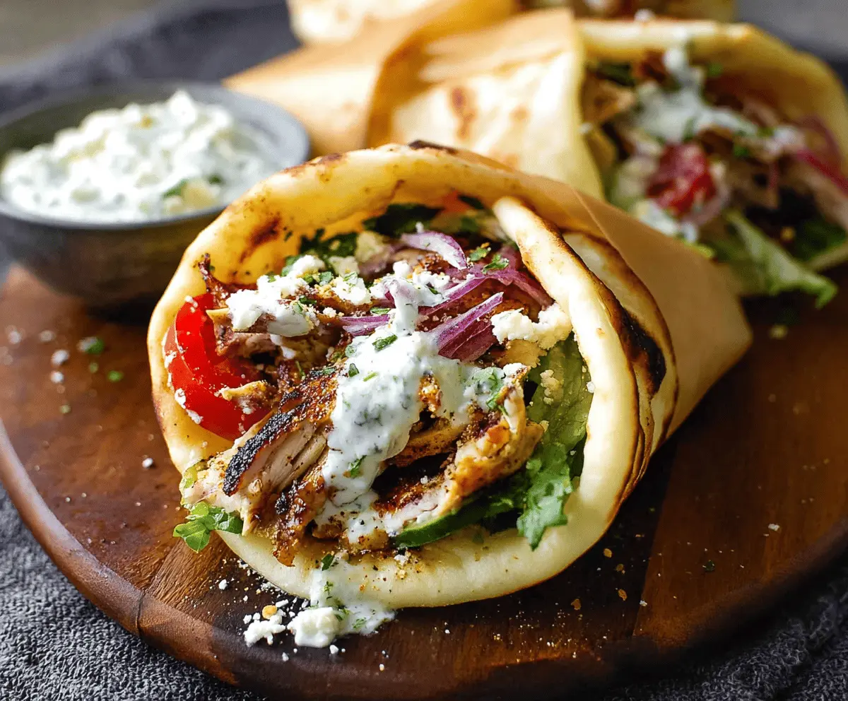 Delicious Greek Chicken Gyros wrapped in pita bread with fresh vegetables and creamy tzatziki sauce on a rustic plate.