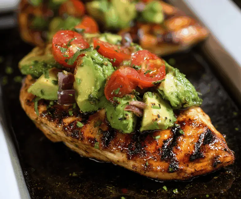 Delicious grilled avocado chicken served with fresh herbs on a wooden platter, perfect for a healthy meal
