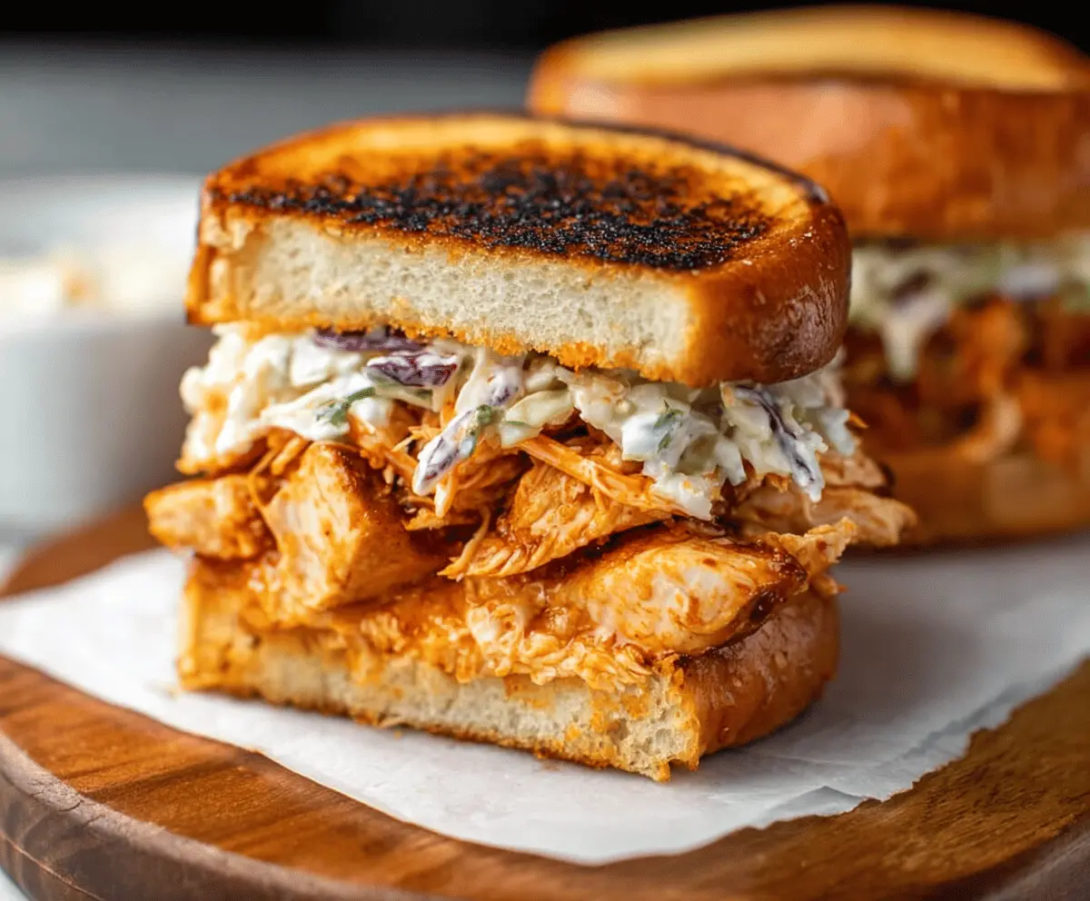 Juicy grilled buffalo chicken sandwiches topped with spicy grinder slaw served on toasted buns, perfect for a flavorful meal
