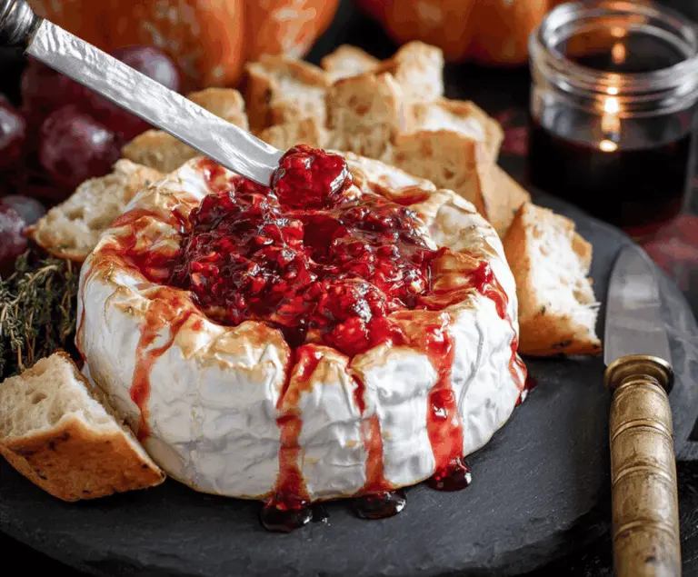 Spooky Halloween Bloody Baked Brie with drizzled red sauce and creepy decorations, perfect for festive parties