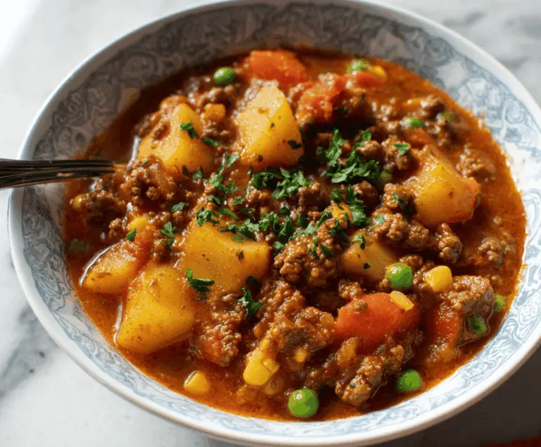 Hearty homemade Hamburger Stew with tender beef, vegetables, and savory broth in a rustic bowl.