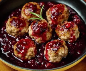 Delicious harvest turkey meatballs topped with a shiny cranberry glaze on a rustic plate, perfect for festive holidays
