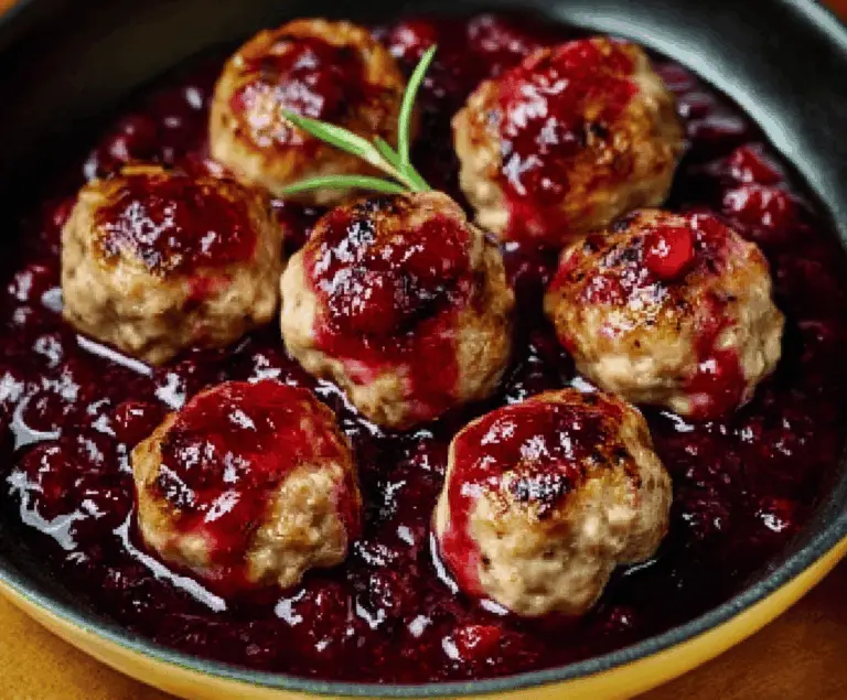 Delicious harvest turkey meatballs topped with a shiny cranberry glaze on a rustic plate, perfect for festive holidays