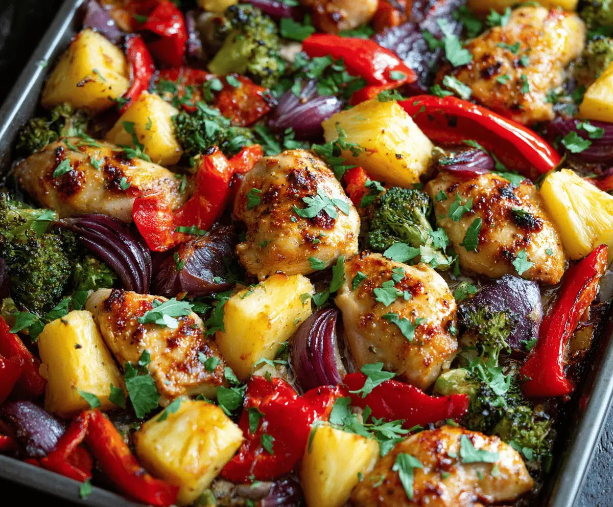 Savory Hawaiian Chicken Sheet Pan with colorful vegetables and pineapple chunks.