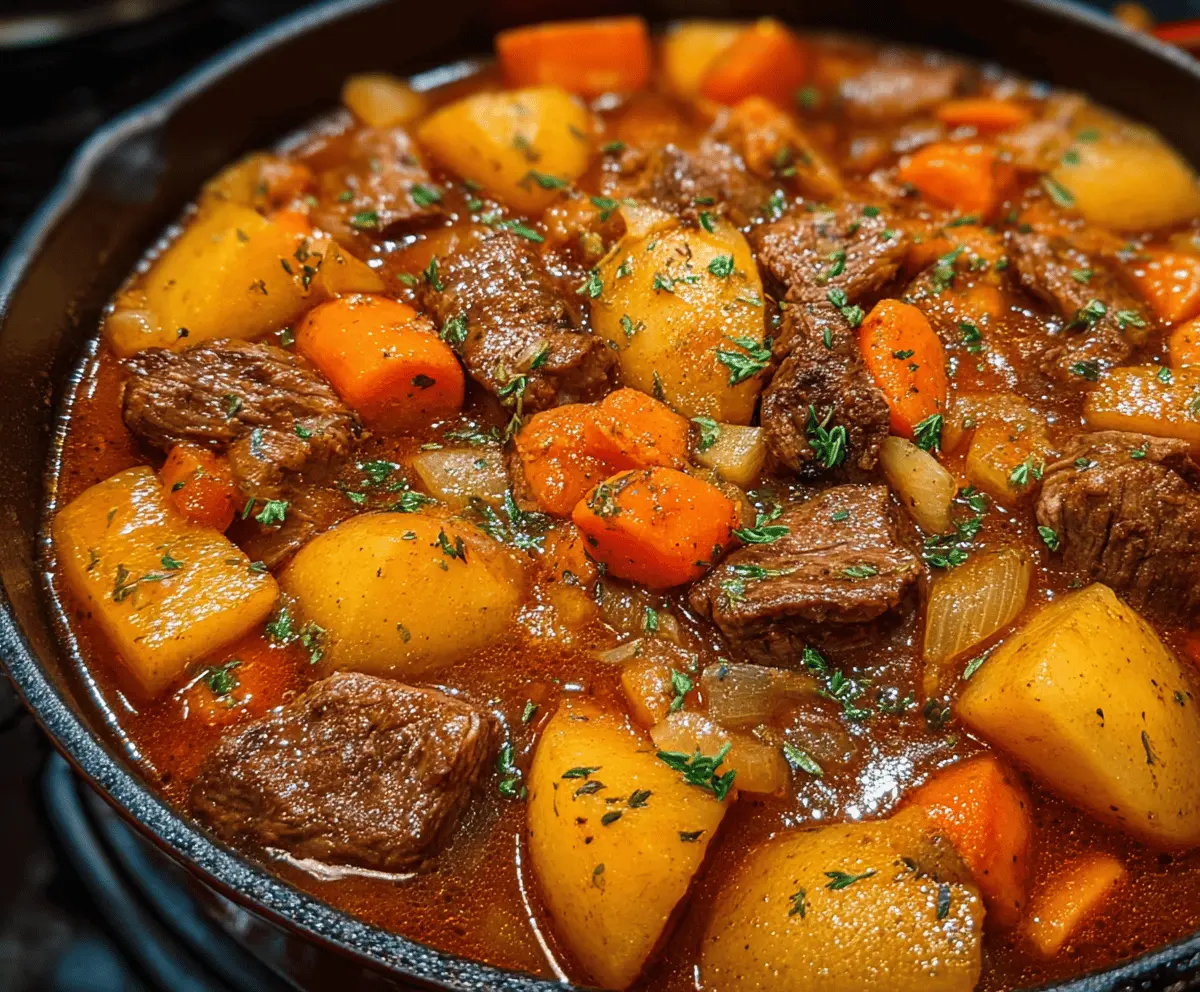 Hearty homemade beef stew with tender beef chunks, fresh vegetables, and savory broth in a rustic bowl