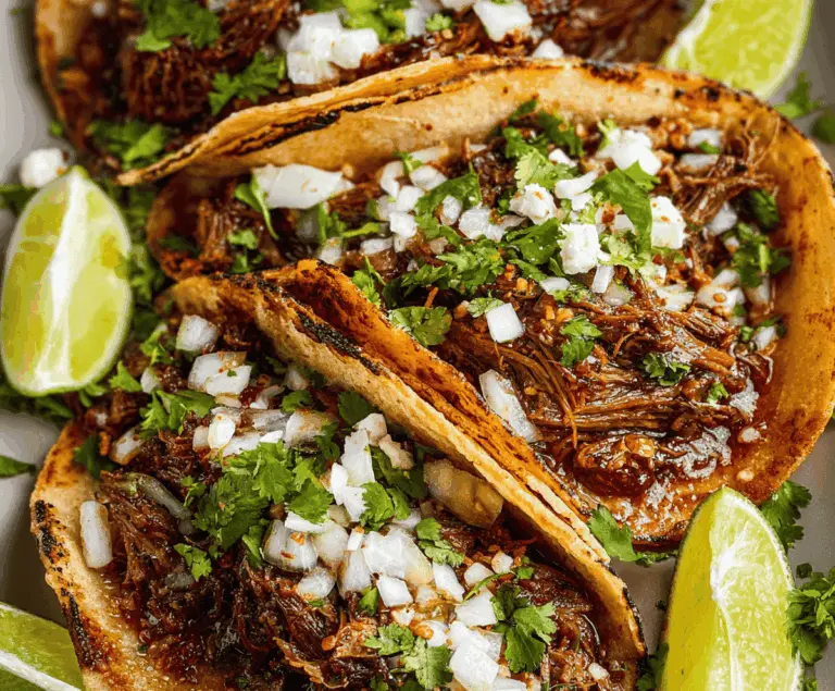 Delicious homemade birria tacos filled with tender, flavorful meat and topped with fresh garnishes on a rustic plate.