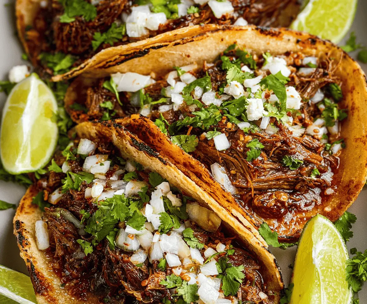 Delicious homemade birria tacos filled with tender, flavorful meat and topped with fresh garnishes on a rustic plate.