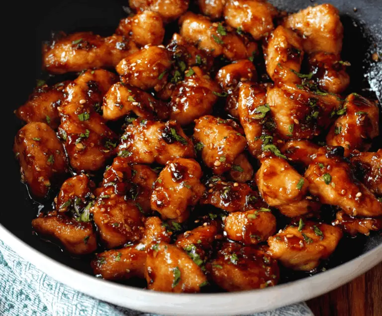 Delicious Honey Garlic Chicken Bites served on a plate with fresh herbs, showcasing a crispy, golden exterior and savory glaze, perfect for a flavorful appetizer or main course.