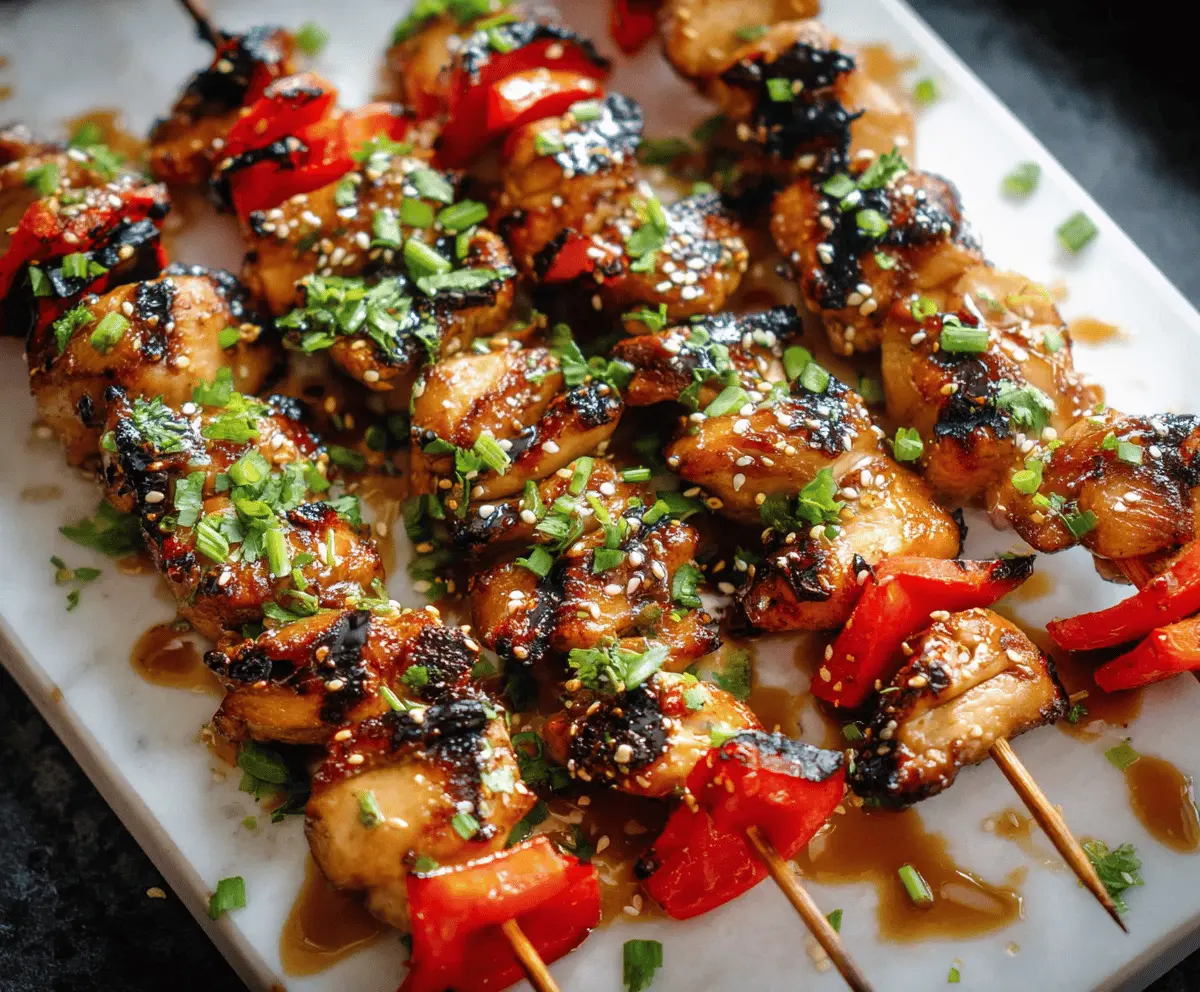 Juicy honey garlic chicken skewers grilled to perfection with caramelized glaze and fresh herbs on a white plate