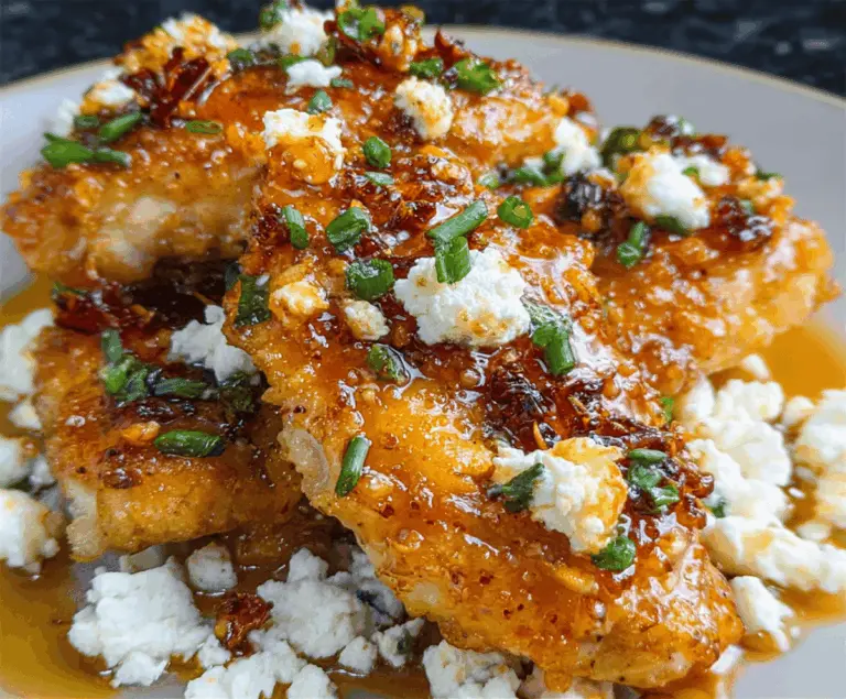 Delicious Hot Honey Feta Chicken served with fresh herbs and a drizzle of hot honey sauce, garnished with feta cheese and vibrant vegetables.