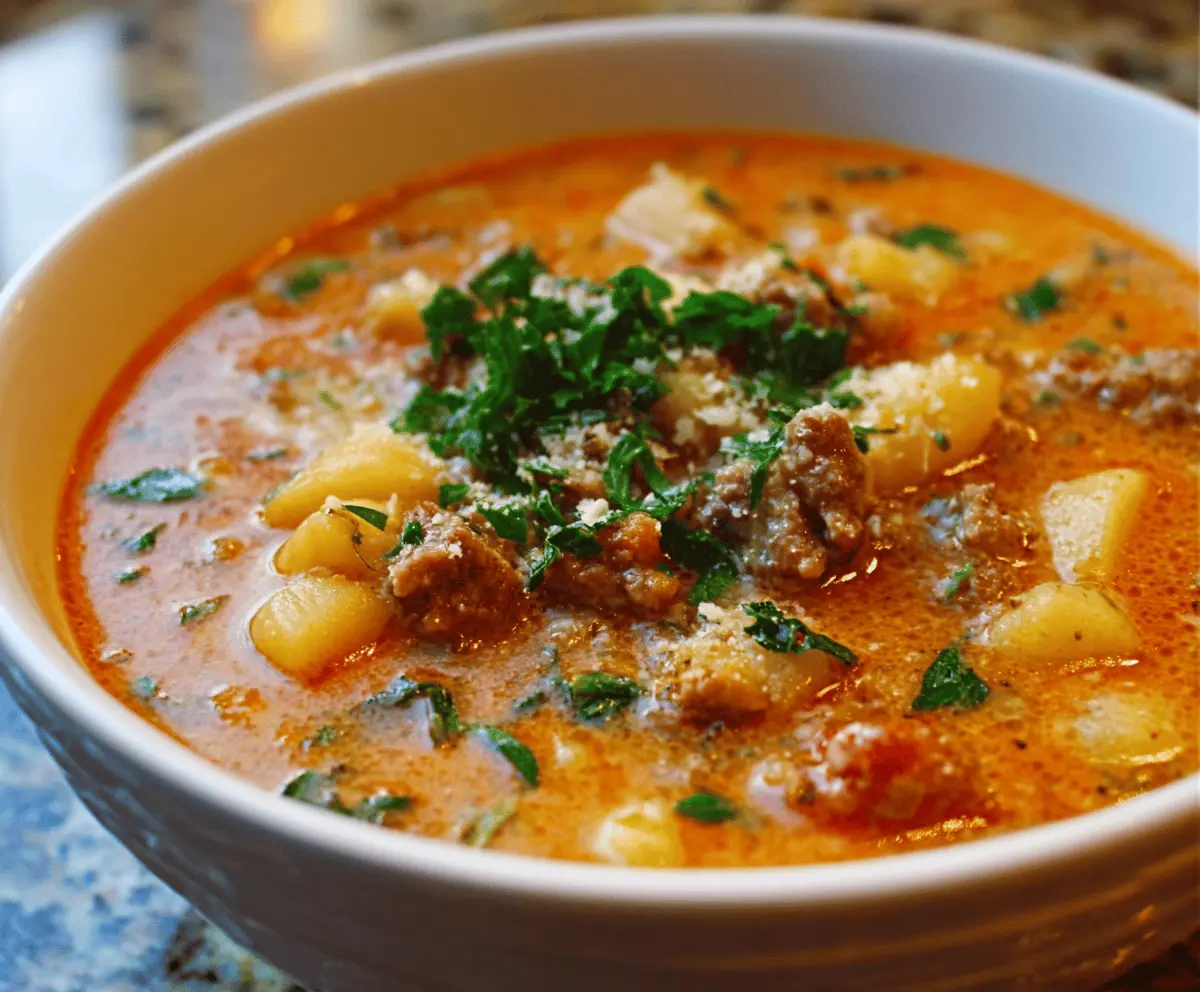 Creamy Italian Sausage and Potato Soup in a bowl, garnished with fresh herbs and served with bread